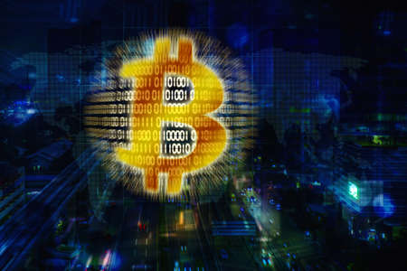 Double exposure of bitcoin symbol with night cityscape in cyberspace backgroundの写真素材