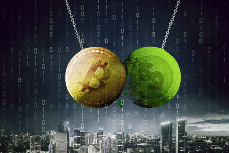 Bitcoin versus Dollar concept: Bitcoin and dollar symbol on on two wrecking balls colliding each...