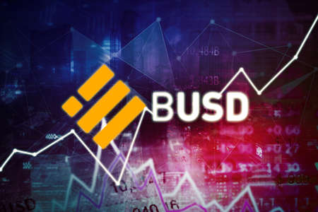 Double exposure of BUSD coin value chart with trade stock exchange in modern city background
