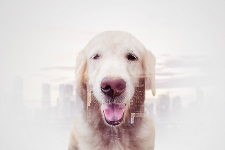 Double exposure of Beautiful Golden Retriever dog panting and sitting with cityscape background