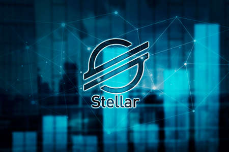 Double exposure of Stellar symbol with connection network in modern cityscape backgroundの写真素材