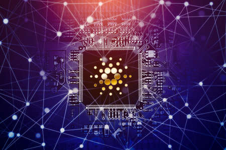 Concept of cryptocurrency mining. Close up of circuit board with Cardano symbol on microchip...