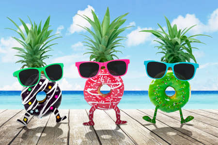 Contemporary art collage concept. Three pineapple donuts wearing sunglasses while standing on the...