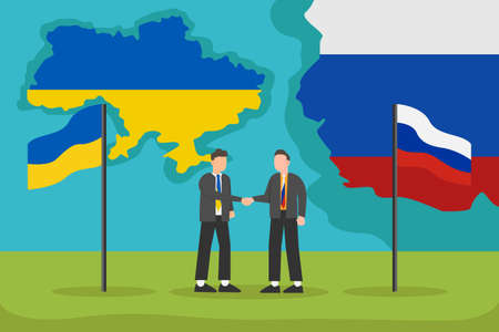State cooperation vector concept: Two young men doing cooperation between two countries with flags of Ukraine and Russiaのイラスト素材