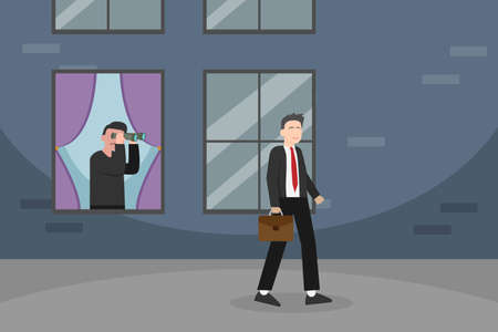 Spy vector concept: A spy man looking at businessman with binocular while carrying briefcaseのイラスト素材