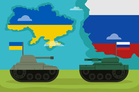 Countries conflict vector concept: Military tank of Ukraine and Russia doing attack each otherのイラスト素材