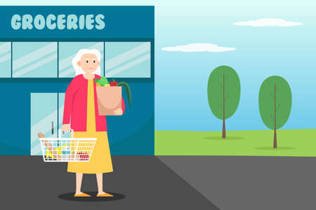 Housekeeping vector concept: Old woman shopping vegetables in groceries while carrying vegetables in shopping bagのイラスト素材