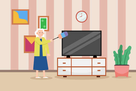 Housekeeping vector concept: Old woman cleaning the television while using feather duster at homeのイラスト素材