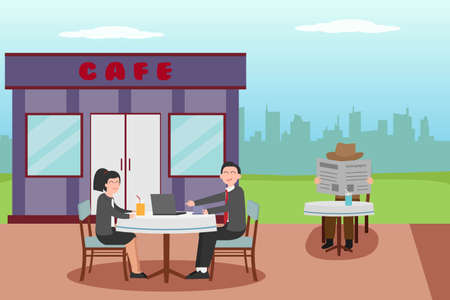 Spy vector concept: Young man spying on young couple while drinking in the cafeteriaのイラスト素材