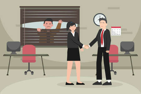 Spy vector concept: Young man peeking businessman and woman on the window while shaking hands in the officeのイラスト素材
