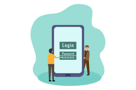 Spy vector concept: Young man log in to his account on mobile phone while a spy man peeking his passwordのイラスト素材
