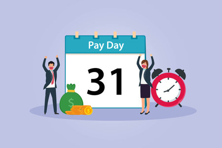 Payday vector concept: Female and male workers feeling excited for payday while wearing face mask in new normalのイラスト素材