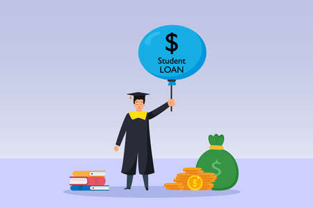 Student Loan bubble vector concept. Male student in graduation hat holding a balloon with student loan textのイラスト素材