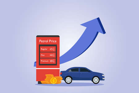 Petrol Price vector concept. Petrol price list with car, coins, and rise up arrowのイラスト素材
