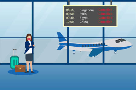 Flight canceled vector concept. Businesswoman in face mask standing in the airport with information board of flight cancelledのイラスト素材