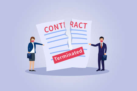 Contract terminated vector concept. Businesswoman and businessman terminate business contract by tearing a contract document.の写真素材