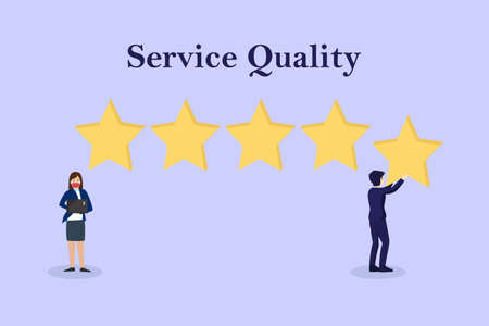 Service quality vector concept: Young man giving five stars review while young woman working with...