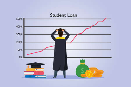 Student Loan bubble vector concept. Stress student looking at rising up student loan graphのイラスト素材