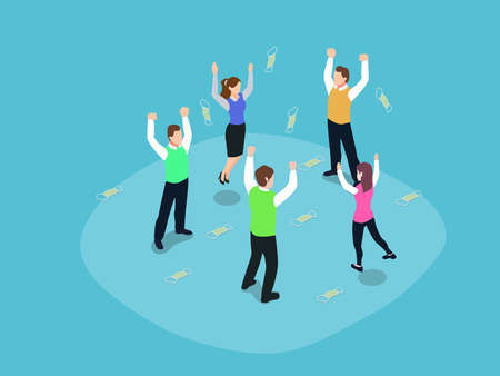 Throwing face mask isometric vector concept. Group of happy people throwing face mask enjoying...