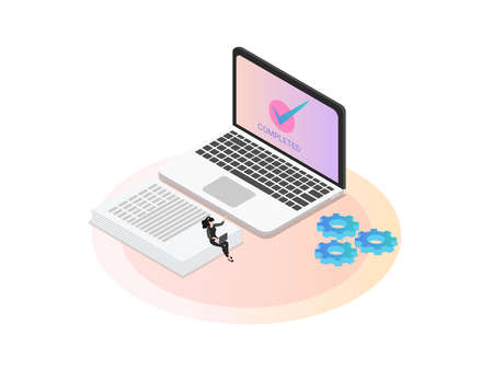 Completed isometric vector concept. Completed checkmark on the laptop computer monitor with...