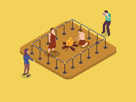 Museum vector concept. People looking at the primordial human statue with bonfire in the museumのイラスト素材