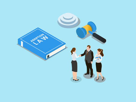 Adoption Law isometric vector concept. Married couple adopting baby with adoption book law, handshaking with female lawyerのイラスト素材