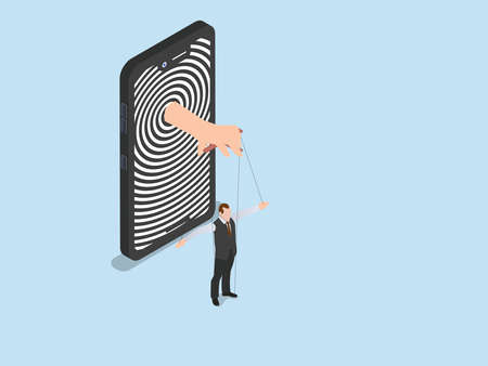 Addiction vector concept. Mobile phone screen showing swirl symbol while controlling businessman like a marionetteのイラスト素材