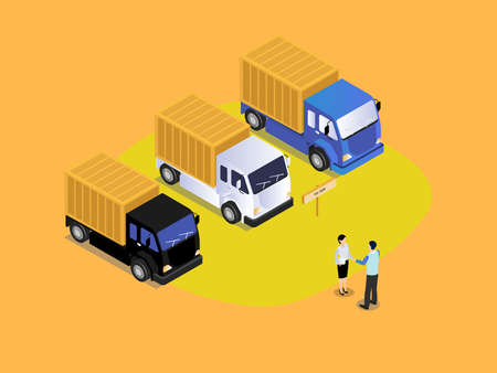 Selling trucks vector concept. Young man shaking hands with saleswoman after buy truck while standing near the trucksのイラスト素材