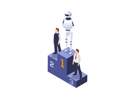 Artificial Intelligence robot vector concept. Robot winning competition with business people while standing on the first placeのイラスト素材