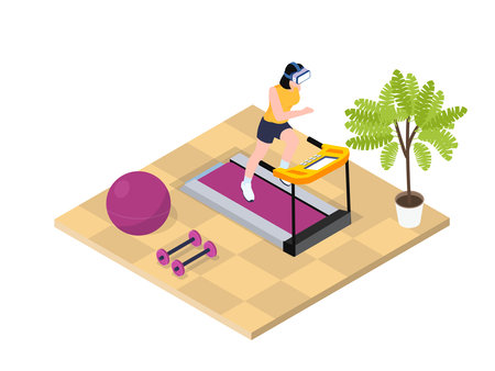 Virtual sport vector concept. Young woman wearing virtual reality glasses while exercising on the treadmillsのイラスト素材