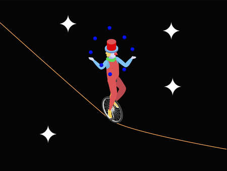 Circus clown vector concept. Clown juggles balls while riding unicycle on the rope and entertaining visitor in the circusのイラスト素材