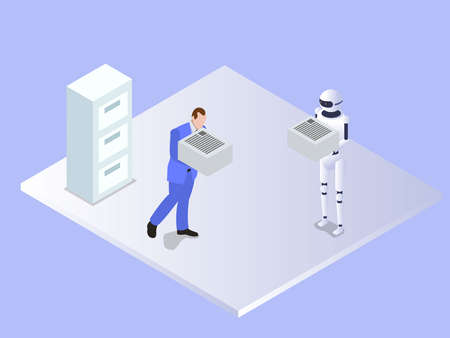 Artificial Intelligence robot vector concept. Exhausted businessman competing with artificial...