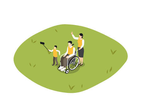 Handicapped person isometric vector concept. Handicapped man sitting on wheelchair and taking selfie photo with his son and wife at the parkのイラスト素材