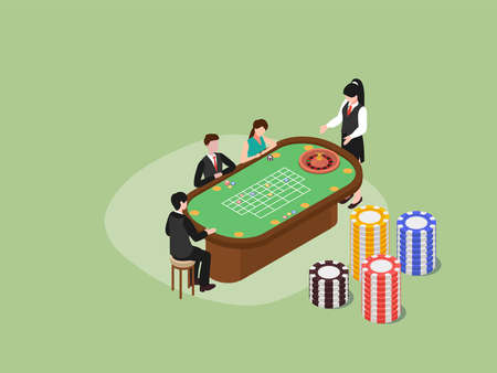 Casino isometric vector concept. Group of people playing on gambling table with female croupier and stack of casino chipのイラスト素材