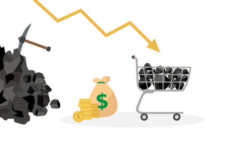 Coal price vector concept. Coal with money, trolley, and declining financial graph