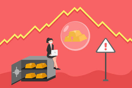 Financial bubble vector concepts. Businesswoman with gold in bubble, declining graph, and warning signのイラスト素材