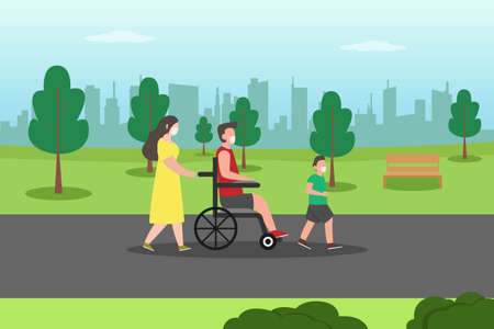 Disabled people vector concept: Little boy walking in the park with disable father and mother while wearing face mask in new normalのイラスト素材