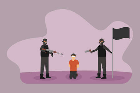 Terrorist vector concept: Group of terrorists point the gun at the victim while holding black flag