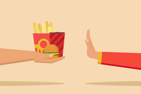 Rejection vector concept: Hand of young people rejecting junk food with no gesture
