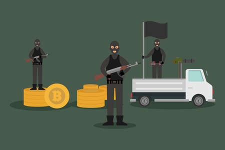 Terrorists vector concept: Terrorists standing with bitcoin cryptocurrency fund while holding weaponのイラスト素材