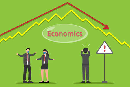 Economics bubble vector concepts. Panic business people with economics bubble, warning sign, and declining financial graphのイラスト素材
