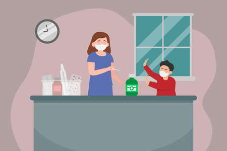 Rejection vector concept: Little son rejecting medicine from his mother while wearing face mask in new normalのイラスト素材