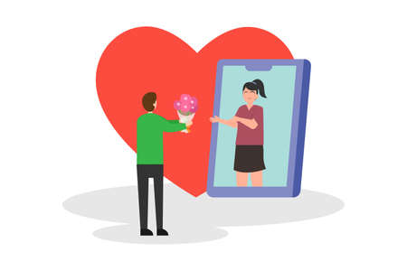 Online dating vector concept: Young man giving a bouquet of flower to his girlfriend on mobile phoneのイラスト素材