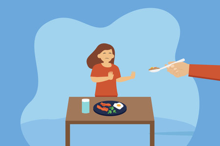 Rejection vector concept: Young woman rejecting a spoon of food with no gestureのイラスト素材