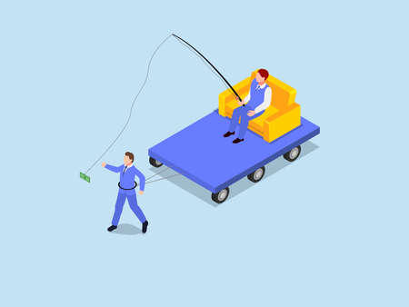 Business motivation vector concept. Male employee lured by money on a fishing rod while pulling his boss on the cartのイラスト素材