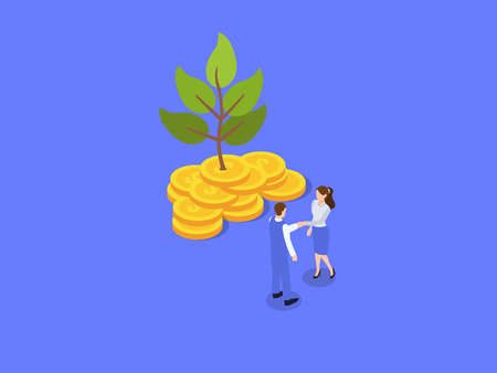 Business investment vector concept. Two business people shaking hands and standing with growing money treeのイラスト素材