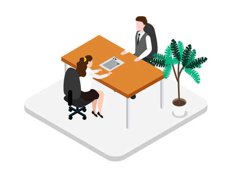 Job search vector concept. Young woman doing job interview while speaking with her interviewer and sitting on the chairのイラスト素材