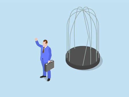 Freedom vector concept. Businessman feeling happy while getting out from a birdcageのイラスト素材