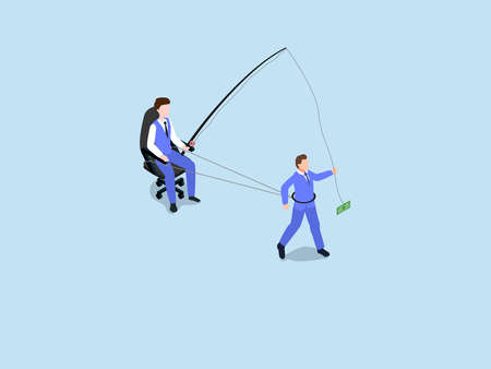 Business motivation vector concept. Male manager using rod with money to lure his employeeのイラスト素材
