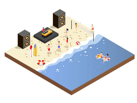Beach party vector concept. Crowd young people dance together and enjoying music from DJ while vacating in the tropical beachのイラスト素材